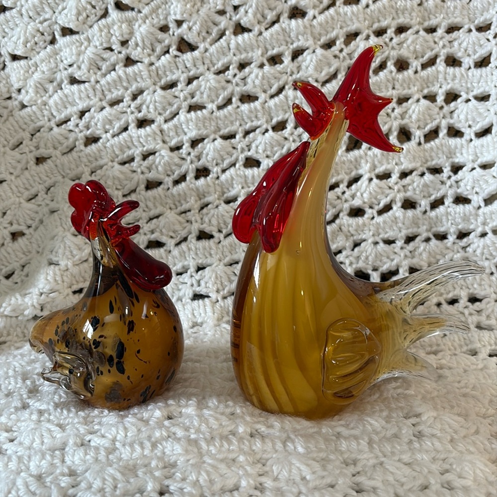 ❌SOLD ❌MURANO Art Glass Rooster and Hen Paperweight